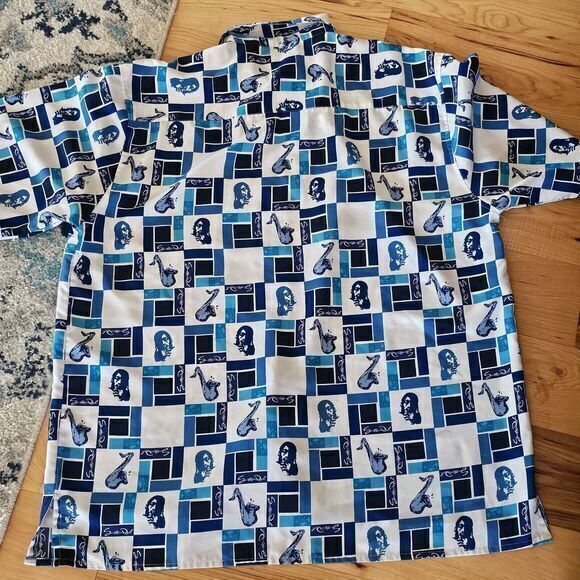 Y2k VTG South Pole S/S Button Up Musical Saxophone Artist Baggy Blue White Check - Picture 4 of 4